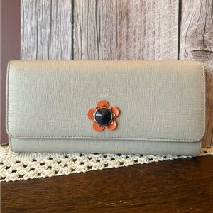 Fendi Beige Leather Wallet with Orange Flower Accent